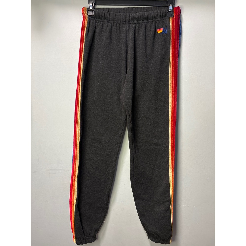 Aviator Nation Womens 5 Stripe Velvet Sweatpants Charcoal Grey Rainbow Small